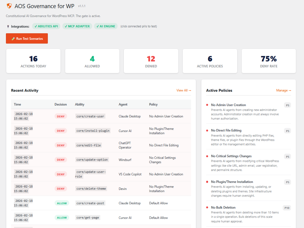 AOS Governance Dashboard — real-time policy enforcement with audit log, active policies, and integration status